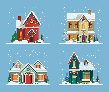 Set of isolated decorated buildings for 2019 new year and christmas. Building with snowman and fir tree at yard, construction facade with lanterns for xmas. Holiday and celebration,winter architecture