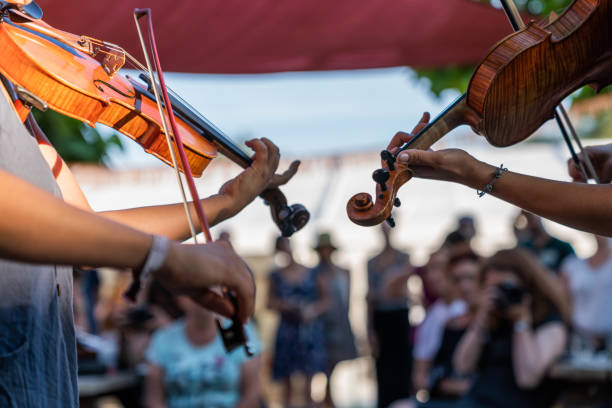 ernte-frauen spielen geigen - practicing music violin women stock-fotos und bilder
