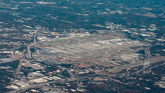 Aerial view of  Hartsfield-Jackson Atlanta International Airport, Atlanta, Georgia, USA in 2018.