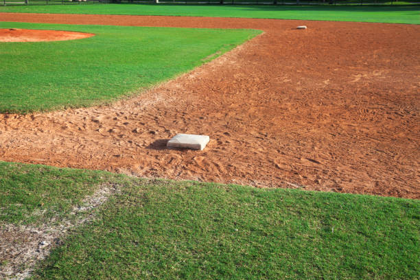 istock Baseball infield from first base side on warm sunny day 1077665376