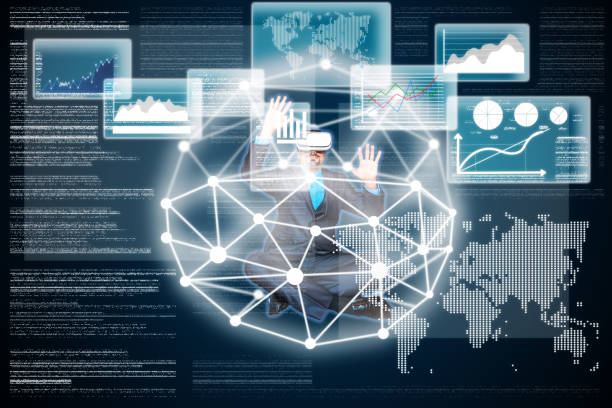 istock Business man with virtual glasses moving multiple virtual windows. 1077665986