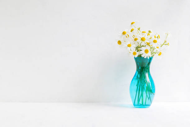 white daisies in a vase on a light background. Interior decor