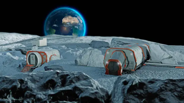 Photo of Lunar base, spatial outpost. First settlement on the moon. Space missions. Living modules for the conquest of space