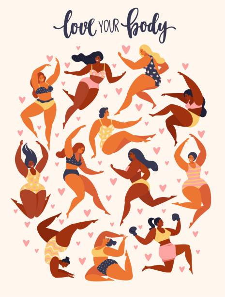 ilustrações de stock, clip art, desenhos animados e ícones de multiracial women of different height, figure type and size dressed in swimsuits standing in row. female cartoon characters. body positive movement and beauty diversity. vector illustration. - beauty teenage girls women in a row