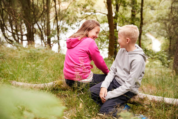 istock Brother and sister sitting together on a fallen tree in a forest, selective view 1077689476