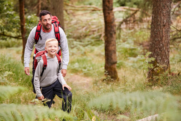 istock A boy and his father admiring the view while hiking in a forest, front, elevated view 1077690230