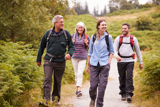 dos parejas de edad mixto, caminar en un camino de campo durante la aventura de camping familiar, vista frontal - sólo adulto fotografías e imágenes de stock