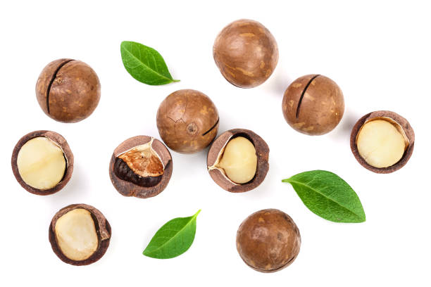 istock Shelled and unshelled macadamia nuts with leaves isolated on white background. Top view. Flat lay pattern 1077691162