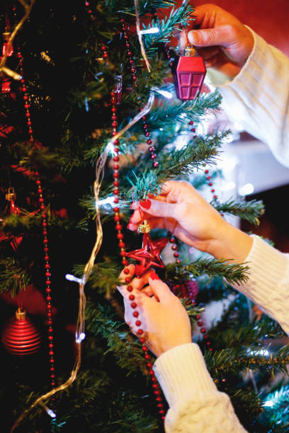 istock Cute, young couple decorating a Christmas tree 1077691448