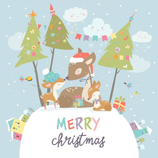 cute cartoon deer rodziny. wesołych świąt i szczęśliwego nowego roku - christmas tree family winter art stock illustrations