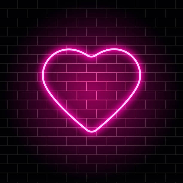 ilustraciones, imágenes clip art, dibujos animados e iconos de stock de corazón de neón. letrero de neón brillante noche en ladrillo pared de fondo con luz de fondo. retro rosa corazón de neón. elemento de diseño para el feliz día de san valentín. publicidad luz noche. ilustración de vector - metallic wall brick glowing