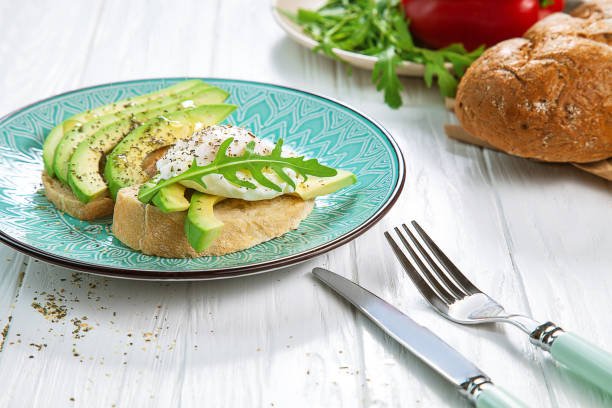 istock Tost with avocado and poached egg on a blue plate. 1077709364