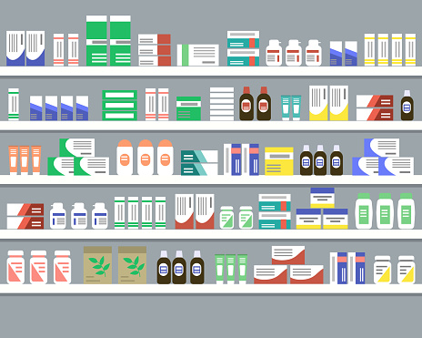 Shelves with medicines. Objects for a pharmacy interior. Vector illustration.