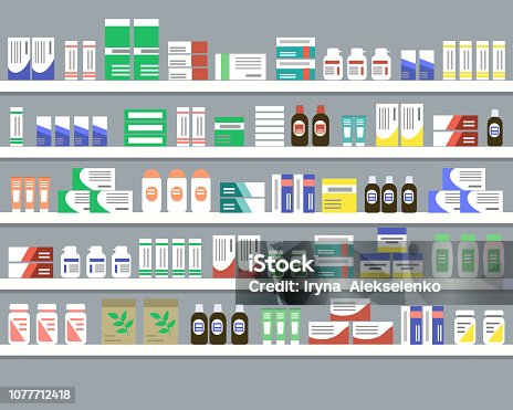 istock Shelves with medicines. Objects for a pharmacy interior 1077712418