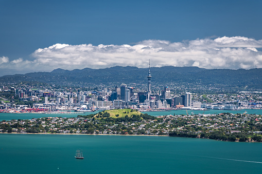 Panoramic view of Auckland city with famous Sky Tower from the Rangitoto Island
