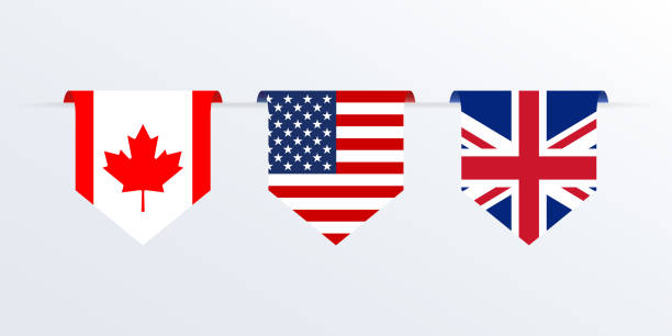 flaggen der usa, großbritannien und kanada band oder wimpel. amerikanische, britische und kanadische flaggen hängen. vektor-illustration. - canadian flag stock-grafiken, -clipart, -cartoons und -symbole