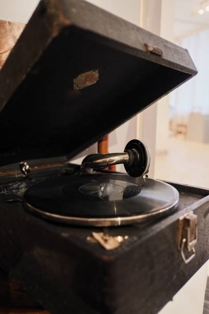 istock Vintage vinyl record player in suitcase 1077715282