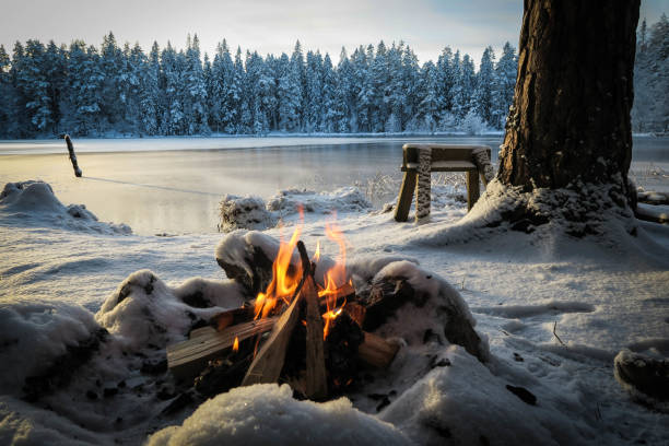 un falò in primo piano in una soleggiata giornata invernale vicino a un lago ghiacciato in un paesaggio invernale innevato senza persone - broiling foto e immagini stock