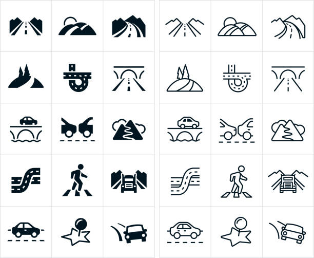 A set of roads icons. The icons include country roads, freeways and interstates, bridge, mountain roads, traffic and a crosswalk to name a few.