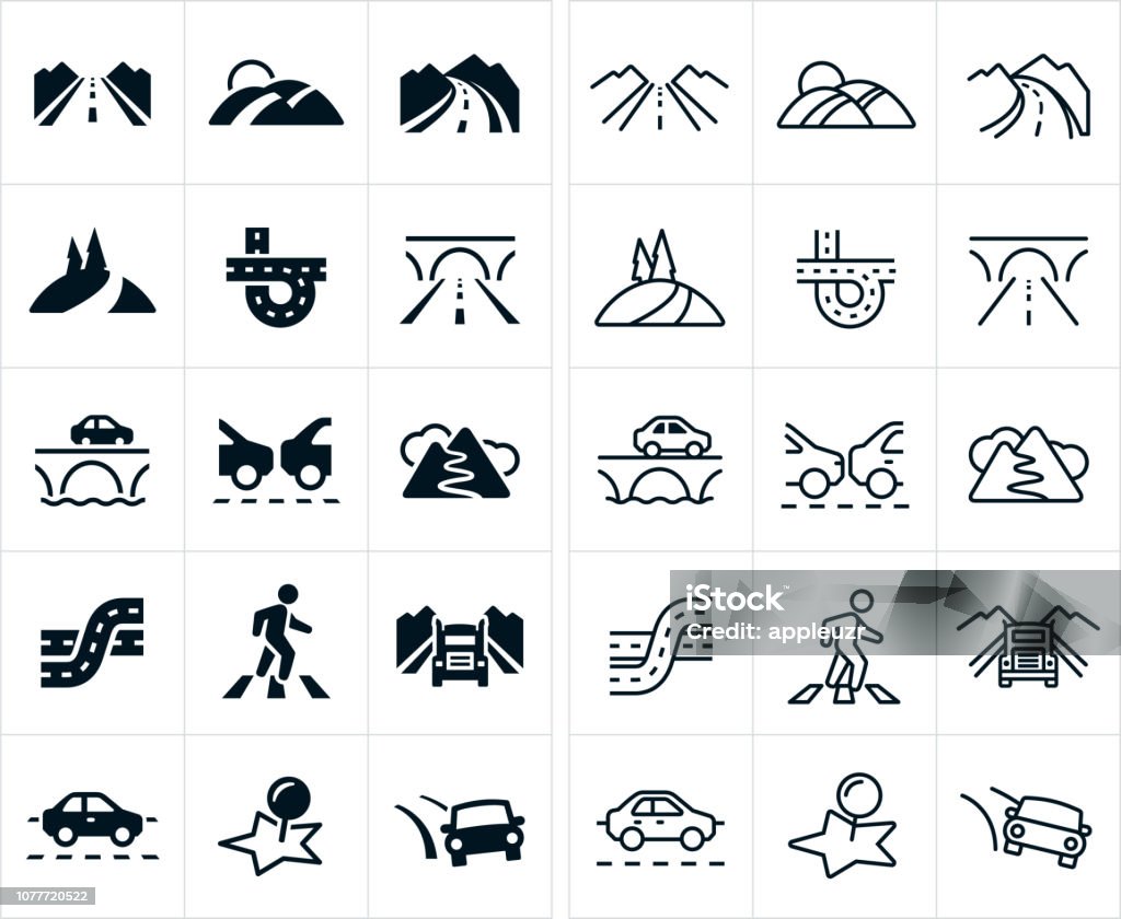 Roads Icons A set of roads icons. The icons include country roads, freeways and interstates, bridge, mountain roads, traffic and a crosswalk to name a few. Icon Symbol stock vector