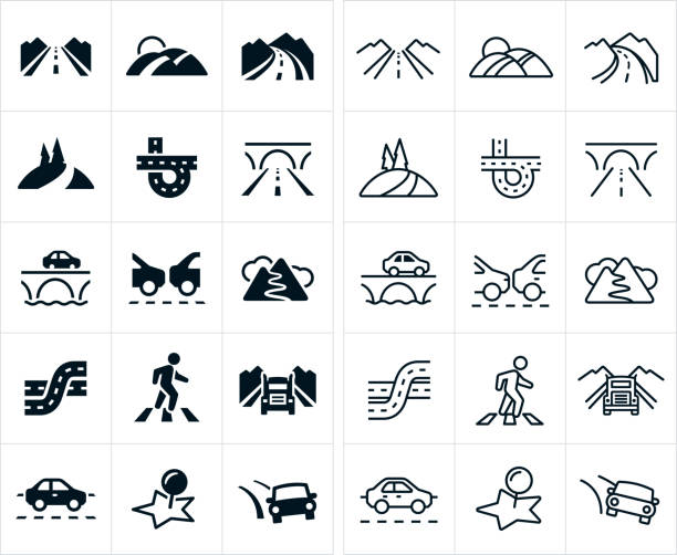 Roads Icons A set of roads icons. The icons include country roads, freeways and interstates, bridge, mountain roads, traffic and a crosswalk to name a few. driving stock illustrations