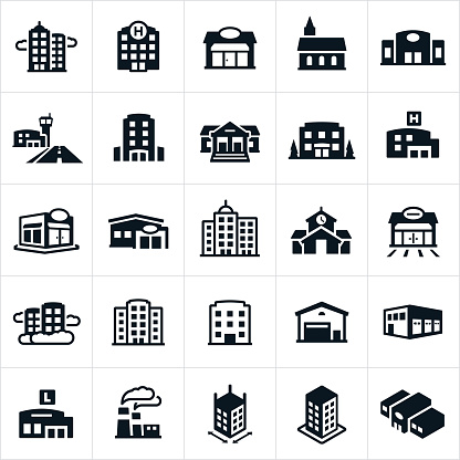 An icon set of several different types of buildings. They include a skyscraper, business building, hospital, shop, storefront, church, auto dealership, airport, hotel, courthouse, bank, apartment building, medical clinic, restaurant, credit union, business district, school building, gas station, warehouse, distribution warehouse, library, factory and department store among others.