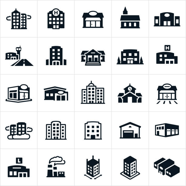 Buildings Icons An icon set of several different types of buildings. They include a skyscraper, business building, hospital, shop, storefront, church, auto dealership, airport, hotel, courthouse, bank, apartment building, medical clinic, restaurant, credit union, business district, school building, gas station, warehouse, distribution warehouse, library, factory and department store among others. construction industry illustrations stock illustrations