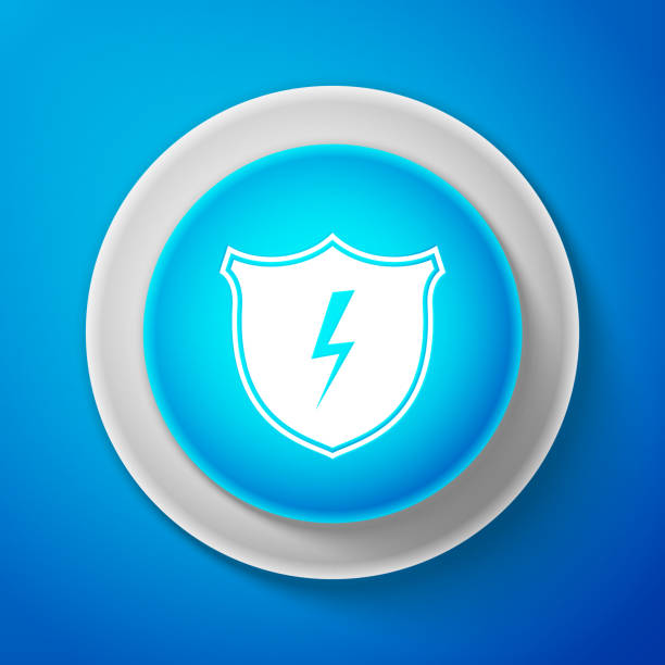 ilustrações de stock, clip art, desenhos animados e ícones de white secure shield with lightning icon isolated on blue background. circle blue button with white line. vector illustration - honor guard flash