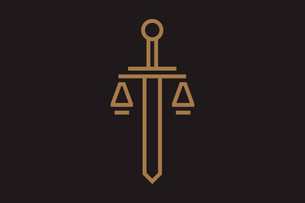 меч и весы правосудия фемида. логотип или значок - retribution stock illustrations