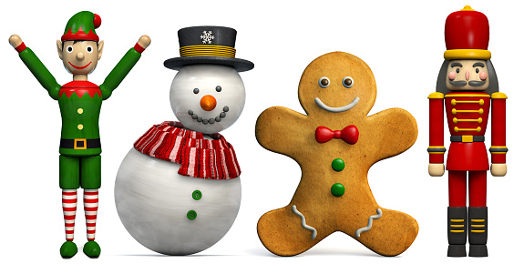 Christmas 3D Characters Elf, Snowman. Gingerbread Man, and Nutcracker Isolated on White. 3D Illustration.