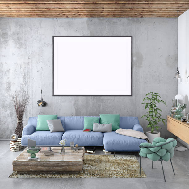 istock Modern Nordic style living room with picture frame template 1077732758