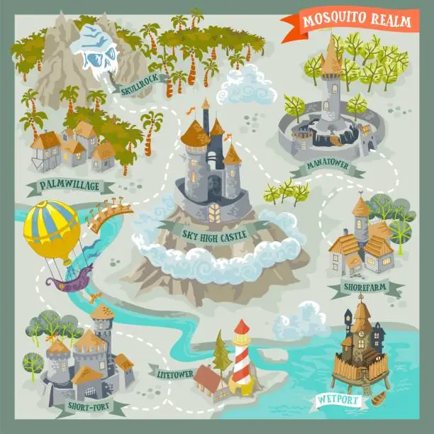 Vector illustration of Fantasy land advernture map for cartography with colorful doodle hand draw in vector illustration