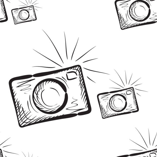 vintage photo cameras. seamless pattern Photo camera vector endless background engraving style camera engraving old retro revival stock illustrations