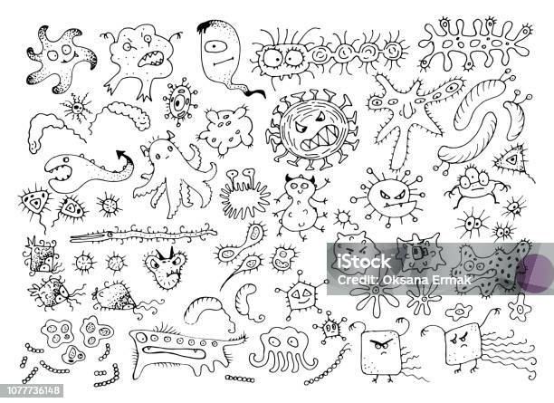 Set Of Vector Doodle Bacteria Germs Or Cartoon Monsters Hand Drawn Viruses Collection Isolated Stock Illustration - Download Image Now