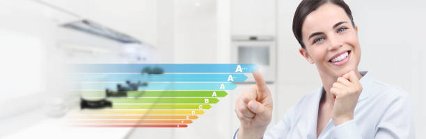 istock energy efficiency smiling woman hand touch screen with colored symbols on interior kitchen room background web banner and copy space template 1077737988