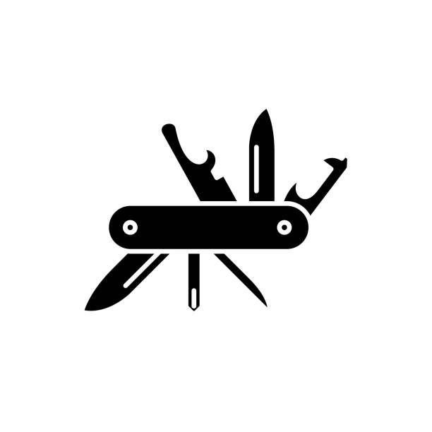 Multipurpose knife black icon, vector sign on isolated background. Multipurpose knife concept symbol, illustration Multipurpose knife black icon, concept vector sign on isolated background. Multipurpose knife illustration, symbol versatility stock illustrations