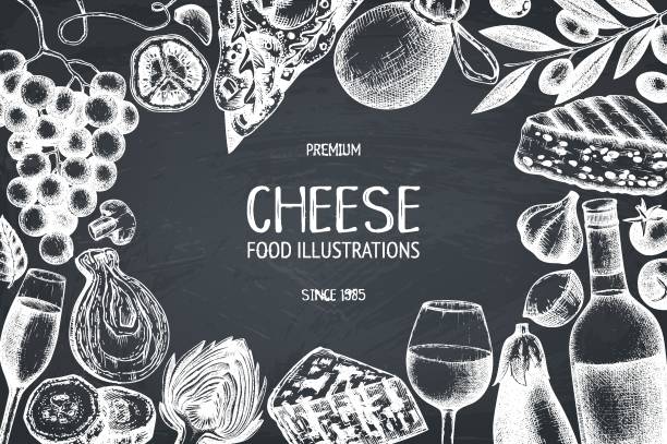 illustrations, cliparts, dessins animés et icônes de conception de fromage et du vin sur tableau noir - eggplant cheese mozzarella italian cuisine