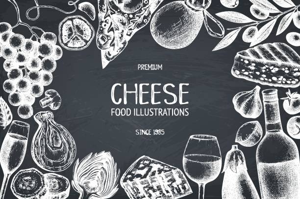 Cheese and wine design on chalkboard Mediterranean cuisine design. Hand sket food and drinks illustrations. Vintage cheese, fruits, vegetables, wine drawings. Dairy products frame on chalkboard. Restautant menu template. chalkboard menu template stock illustrations