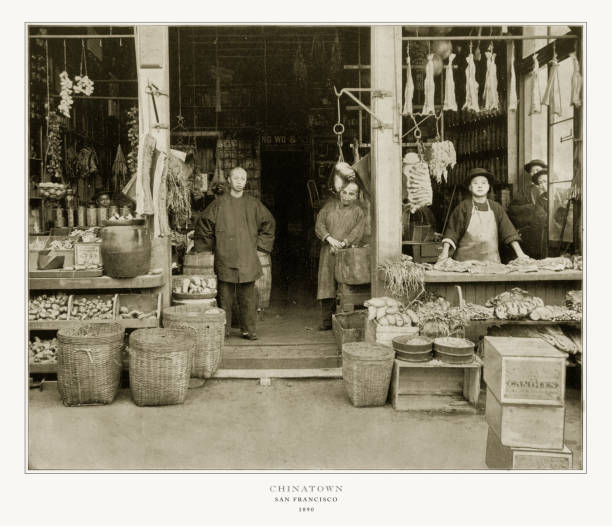 chinatown, san francisco, california, estados unidos, antigua fotografía americana, 1893 - chino oriental fotos fotografías e imágenes de stock