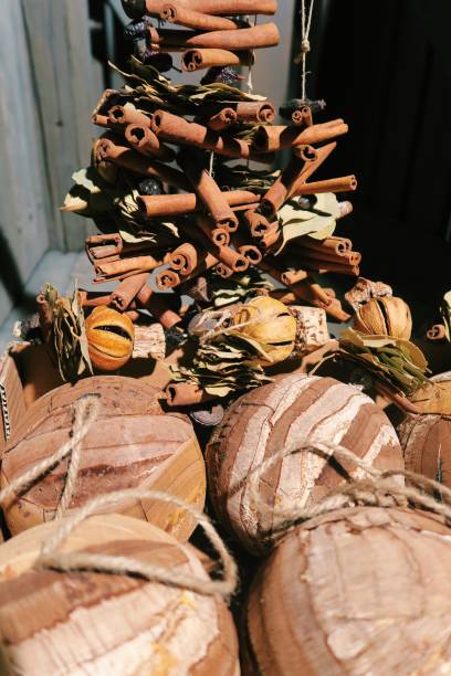 istock Eco natural handmade wooden tree bark Christmas tree ornaments 1077752696