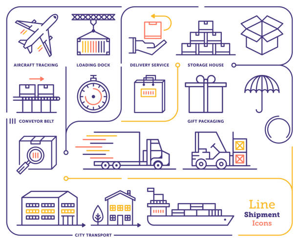 International Shipping & Tracking Line Icon Set Line icon vector illustrations of international shipping, global vessel tracking, aircraft and ship tracking. global logistics infographic stock illustrations