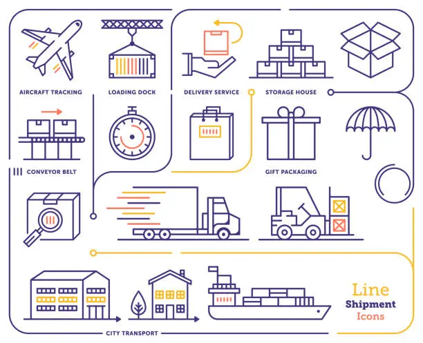 Vector illustration of International Shipping & Tracking Line Icon Set