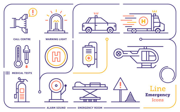 응급 서비스 라인 아이콘 세트 - first aid kit accident safety emergency sign stock illustrations