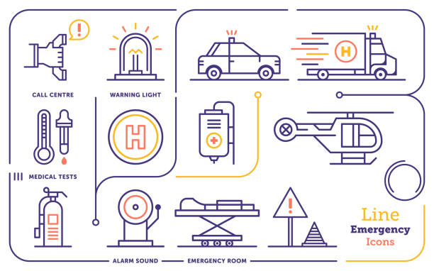 Emergency Services Line Icon Set Line icon vector illustrations of emergency services, rescue services, organizations, public safety. 999 call center stock illustrations
