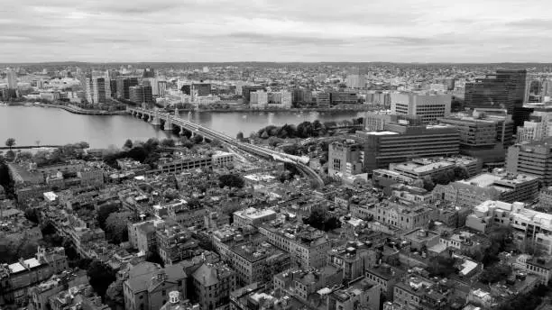 Photo of Aerial View Black and White Boston Bridge Charles River Cambridge Massachusetts