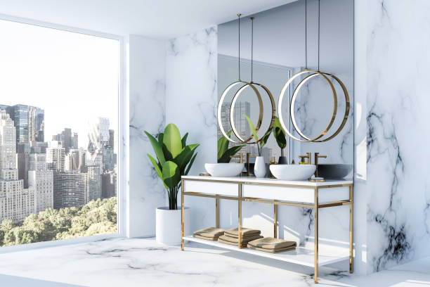 istock Corner of loft bathroom, double sink 1077763170