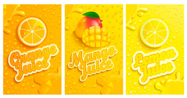 ilustraciones, imágenes clip art, dibujos animados e iconos de stock de conjunto de limón fresco y frío, mango, jugo de naranja. - juicy