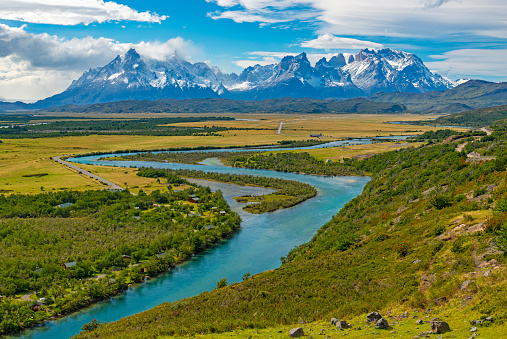 Landscape photograph of the Serrano river with the Cuernos and Torres del Paine in the background, Patagonia, Chile.