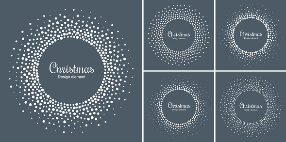New Year 2019 Card Backgrounds set. Snow flake circle frame. Halftone round snowflake dotted frame. Christmas white circular frame using halftone circle snow dots texture. Vector collection.