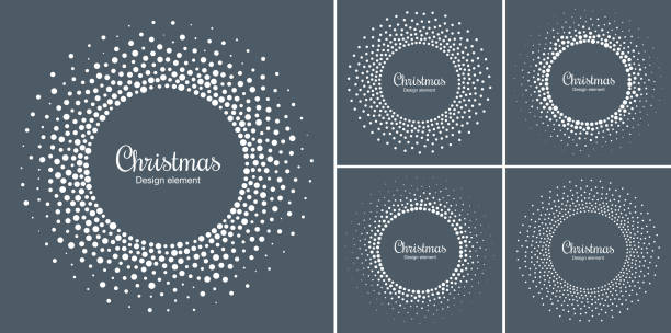 New Year 2019 Card Backgrounds set. Snow flake circle frame. Halftone round snowflake dotted frame. Christmas white circular frame using halftone circle snow dots texture. Vector collection. New Year 2019 Card Backgrounds set. Snow flake circle frame. Halftone round snowflake dotted frame. Christmas white circular frame using halftone circle snow dots texture. Vector collection. snowflake shape drawings stock illustrations